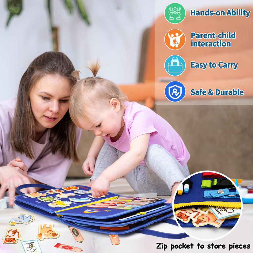SaFeli Busy Board preschool activities including letters and shapes
