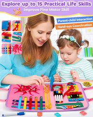 SaFeli Busy Board snapping activity supports finger coordination and problem solving.
