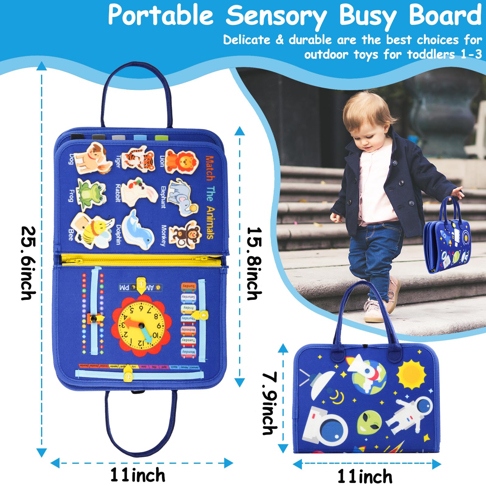 SaFeli Busy Board travel-compact design fits in a bag for on-the-go learning