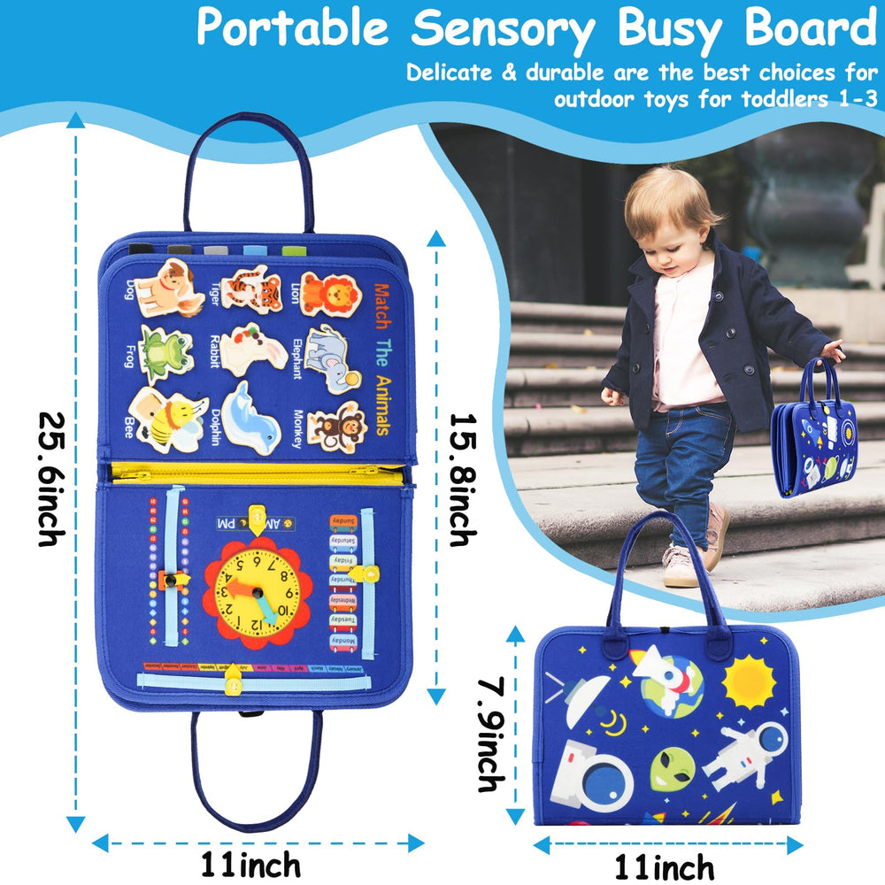 SaFeli Busy Board travel-compact design fits in a bag for on-the-go learning