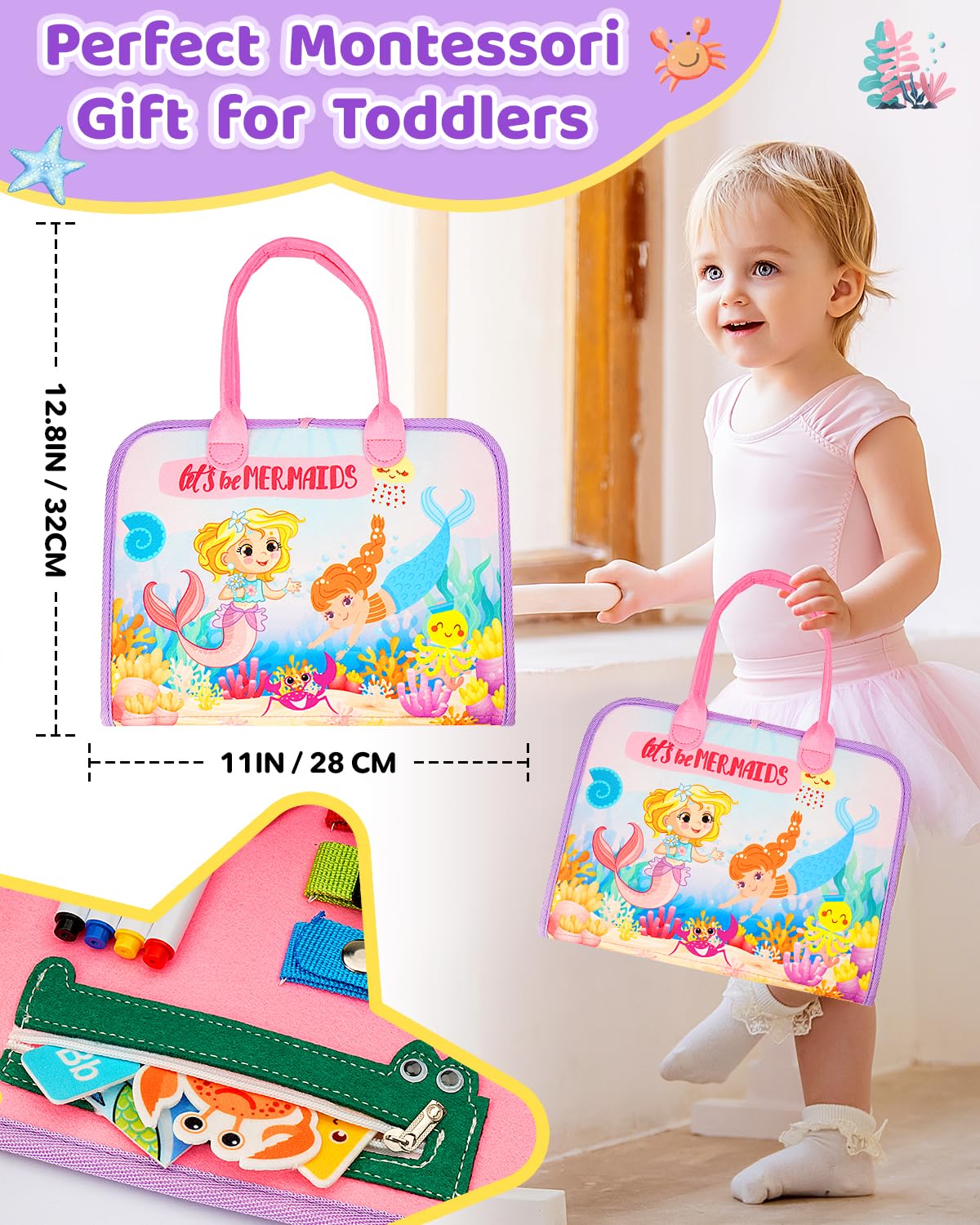 SaFeli Busy Board pink mermaid design makes a travel-friendly gift for toddlers.