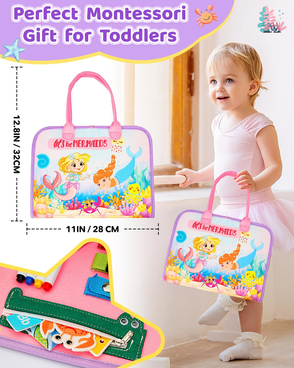 SaFeli Busy Board pink mermaid design makes a travel-friendly gift for toddlers.