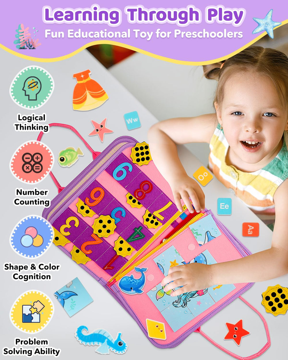 SaFeli Busy Board zipping activity enhances hand-eye coordination for early tasks.