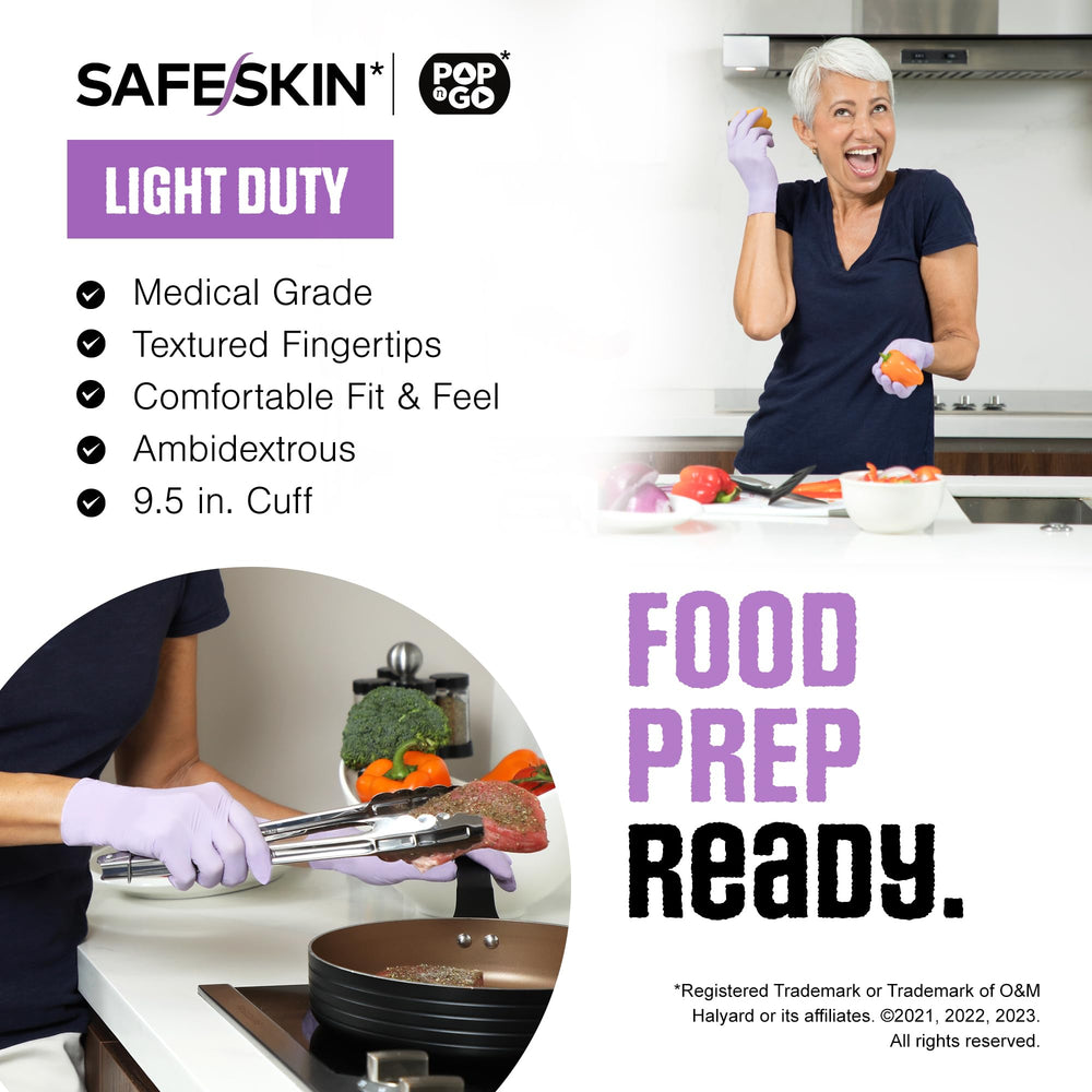 SAFESKIN nitrile gloves suitable for food prep, baby care, and more