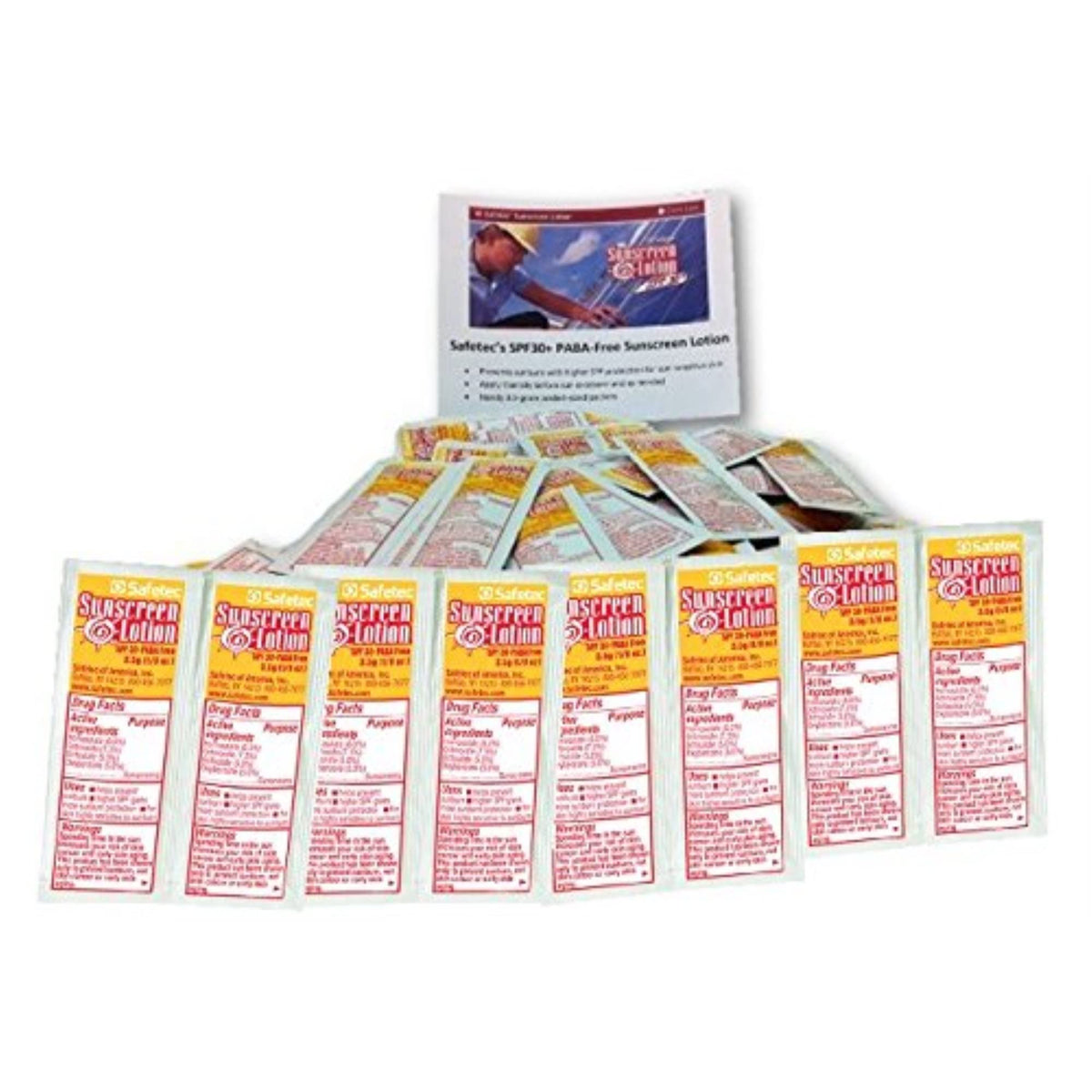 Safetec sunscreen 100-pack packets offer portable SPF 30+ protection for daily use