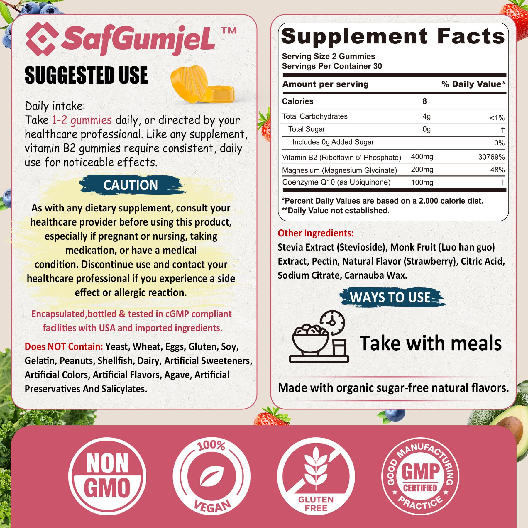 Safgumjel Vitamin B2 Gummies bottle closeup highlighting bioactive Riboflavin form with better-absorption