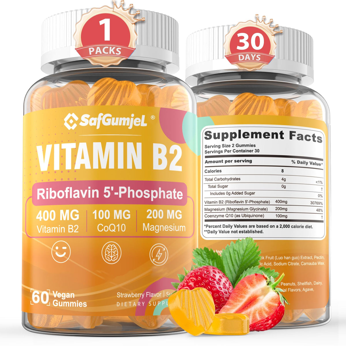 Safgumjel Vitamin B2 Gummies bottle front emphasizes strawberry flavor and vegan sugar-free option