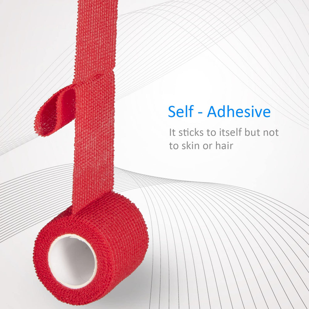 Sagafly bandage wrap red for pets illustrates fur-friendly self-adhesion.