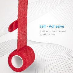 Sagafly bandage wrap red for pets illustrates fur-friendly self-adhesion.