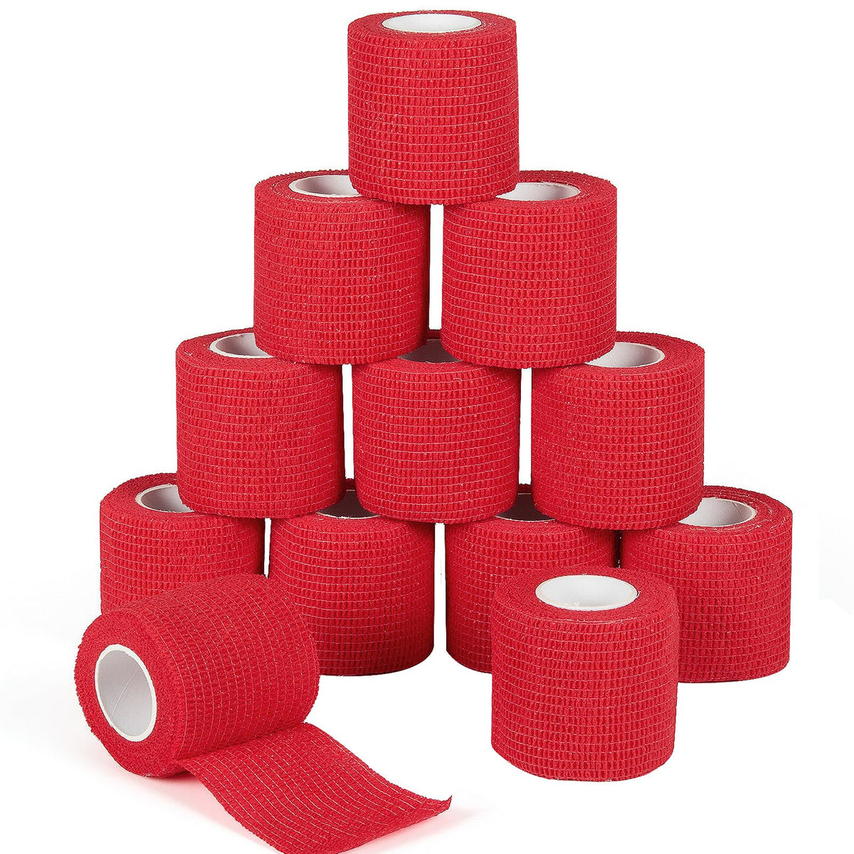 Sagafly bandage wrap red roll close-up shows self-adherent design for easy removal.