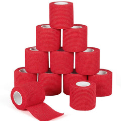 Sagafly bandage wrap red roll close-up shows self-adherent design for easy removal.