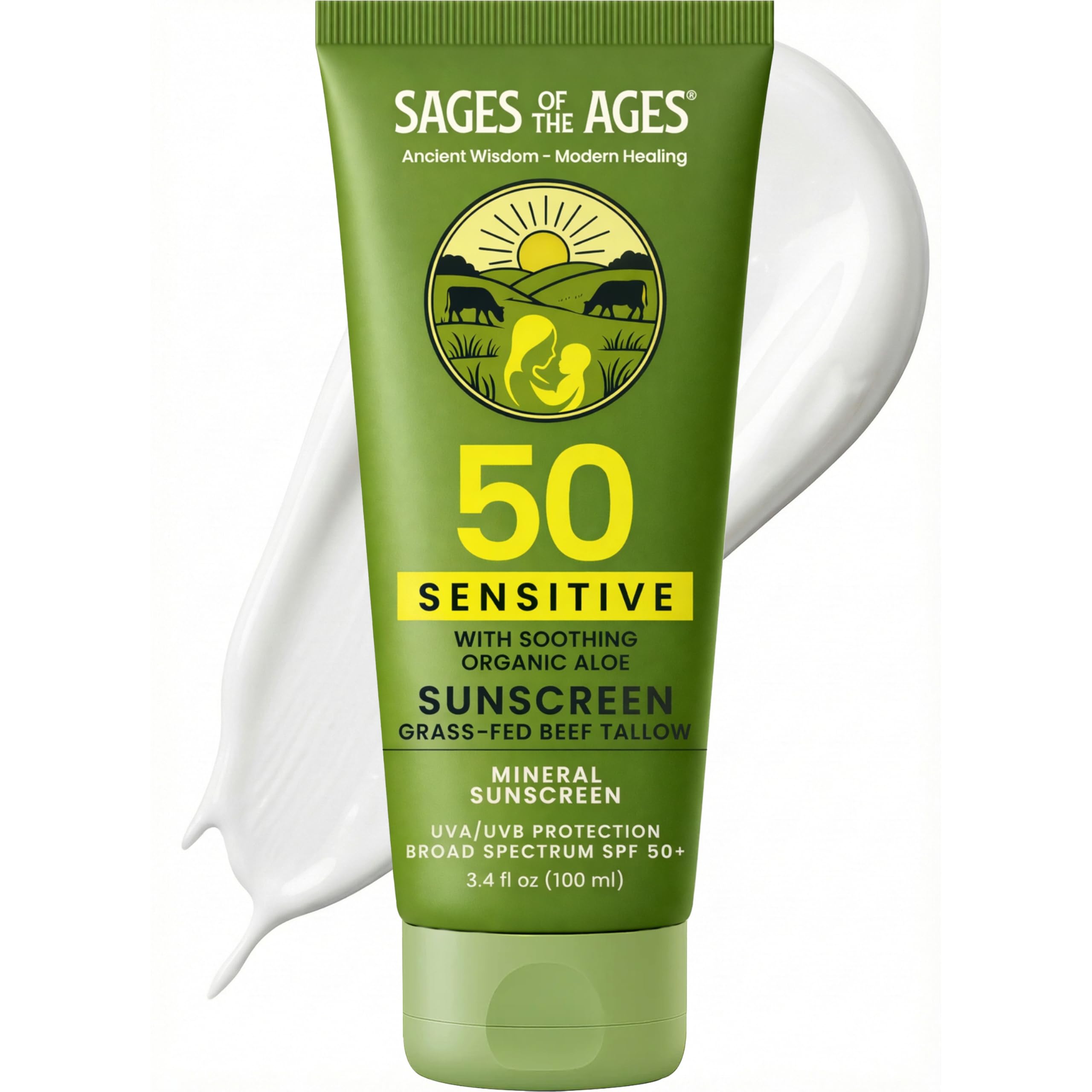 Sages Of The Ages Organic Tallow Sunscreen bottle offering daily SPF 50 protection.