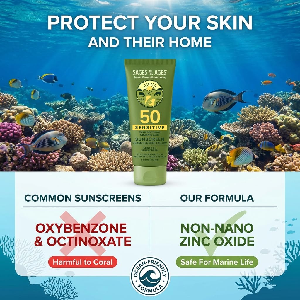 Non-nano zinc oxide reef-safe formula highlighted for coral-conscious sun care.