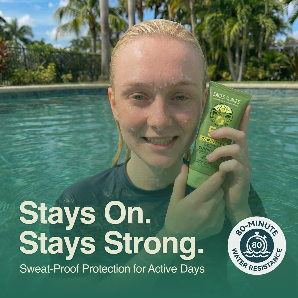 Beach scene demonstrates 80-minute water resistance and active outdoor use.