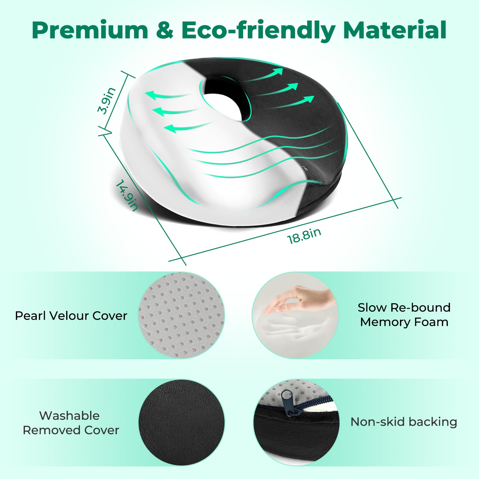 SAHEYER Donut Pillow highlighting sciatic relief and ergonomic support