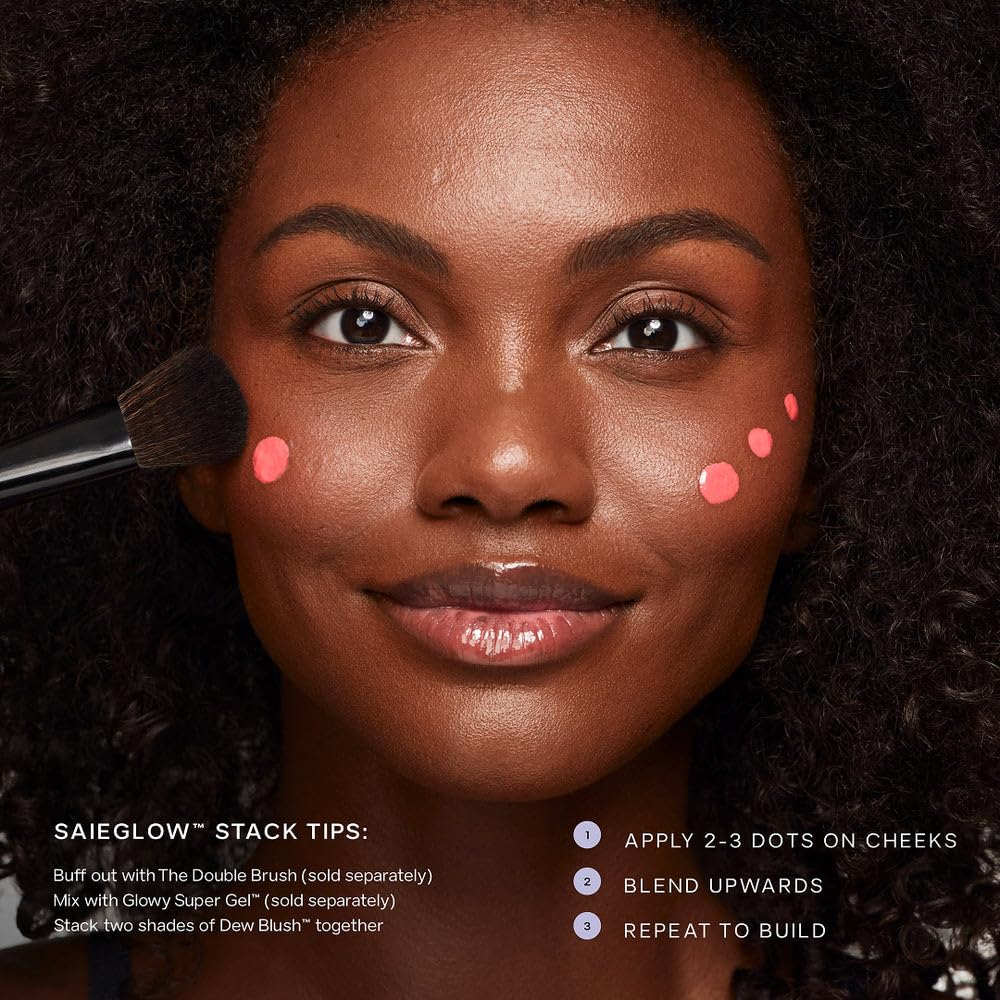 Saie Dew Liquid Blush Trio application on cheeks demonstrates blendable texture.