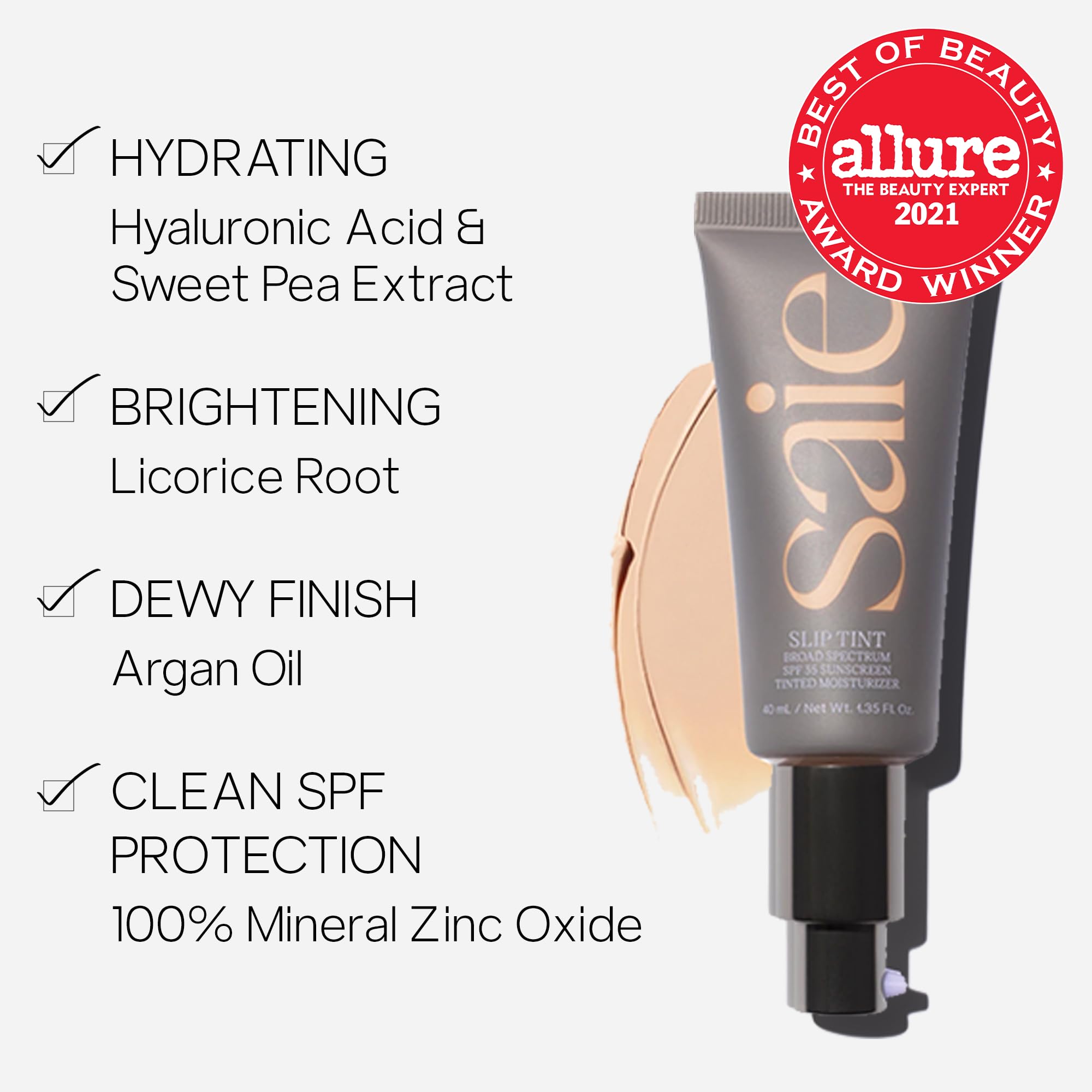Saie Slip Tint SPF 35 pump-dispense for easy even coverage.