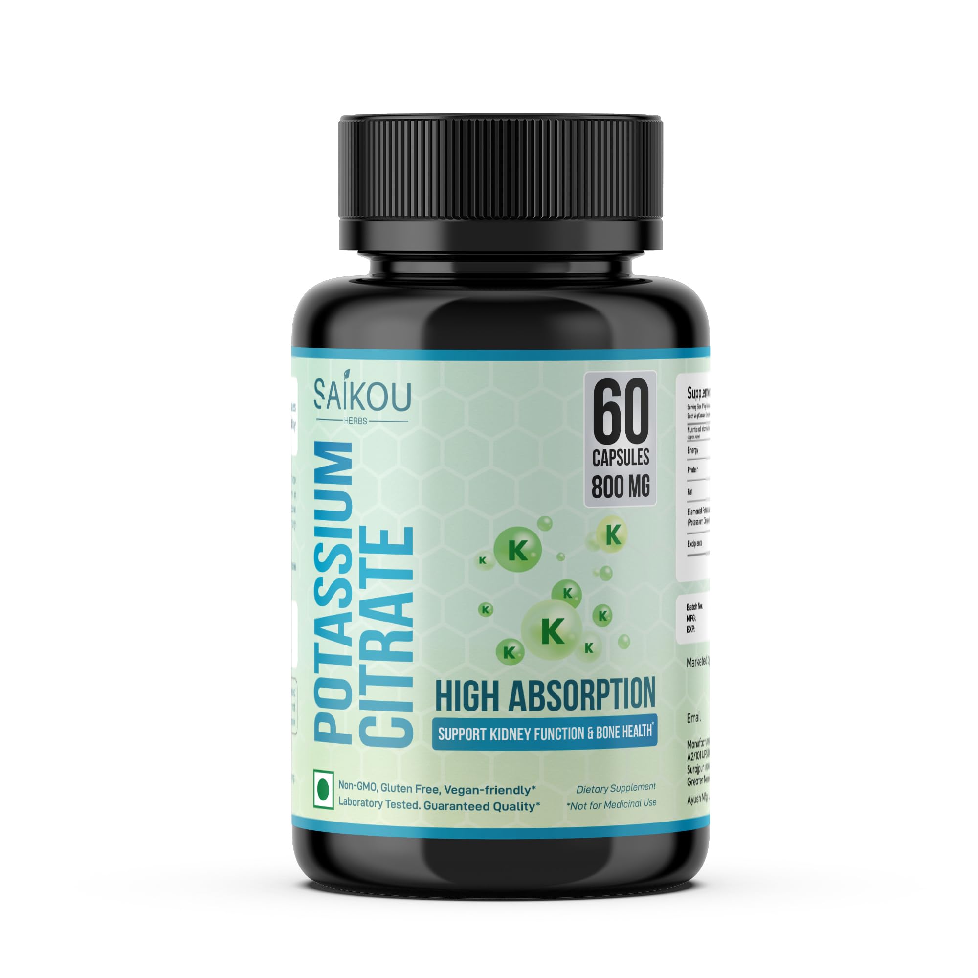 Saikou Herbs Potassium Citrate 800mg bottle front for daily electrolyte support.