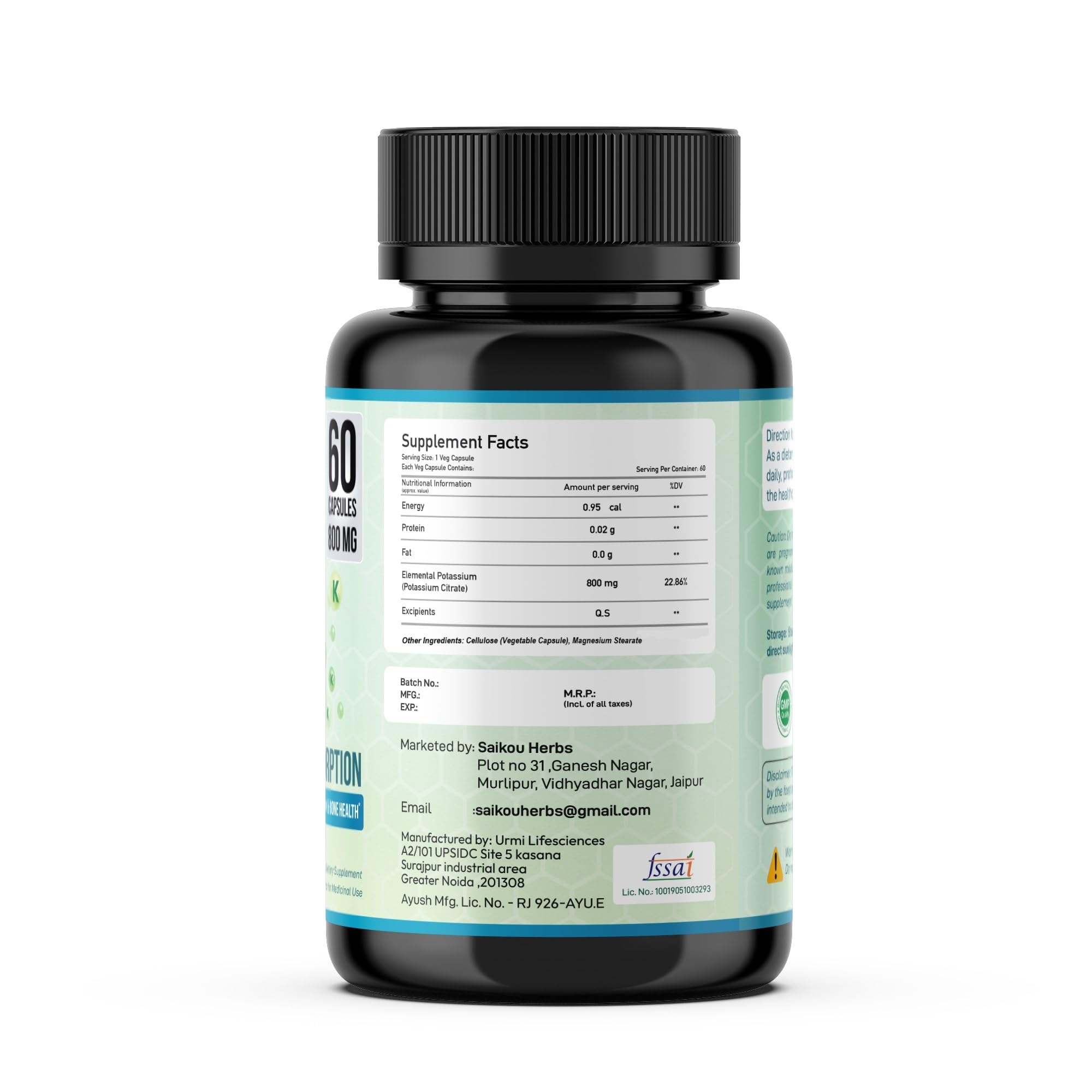 Saikou Herbs Potassium Citrate 800mg bottle top view showing compact packaging.