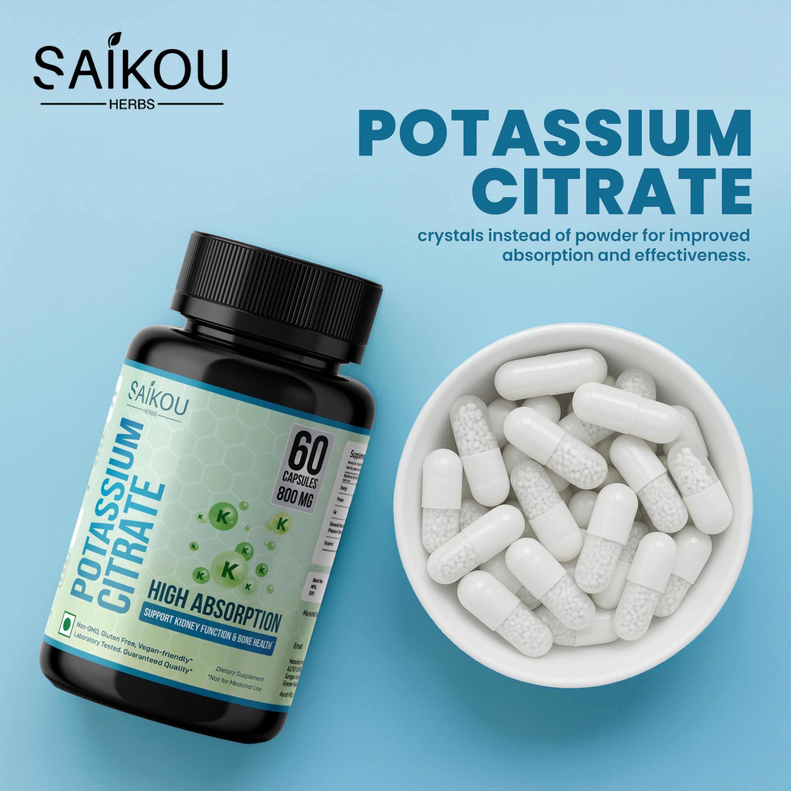 Saikou Herbs Potassium Citrate 800mg daily dose for easy routine.