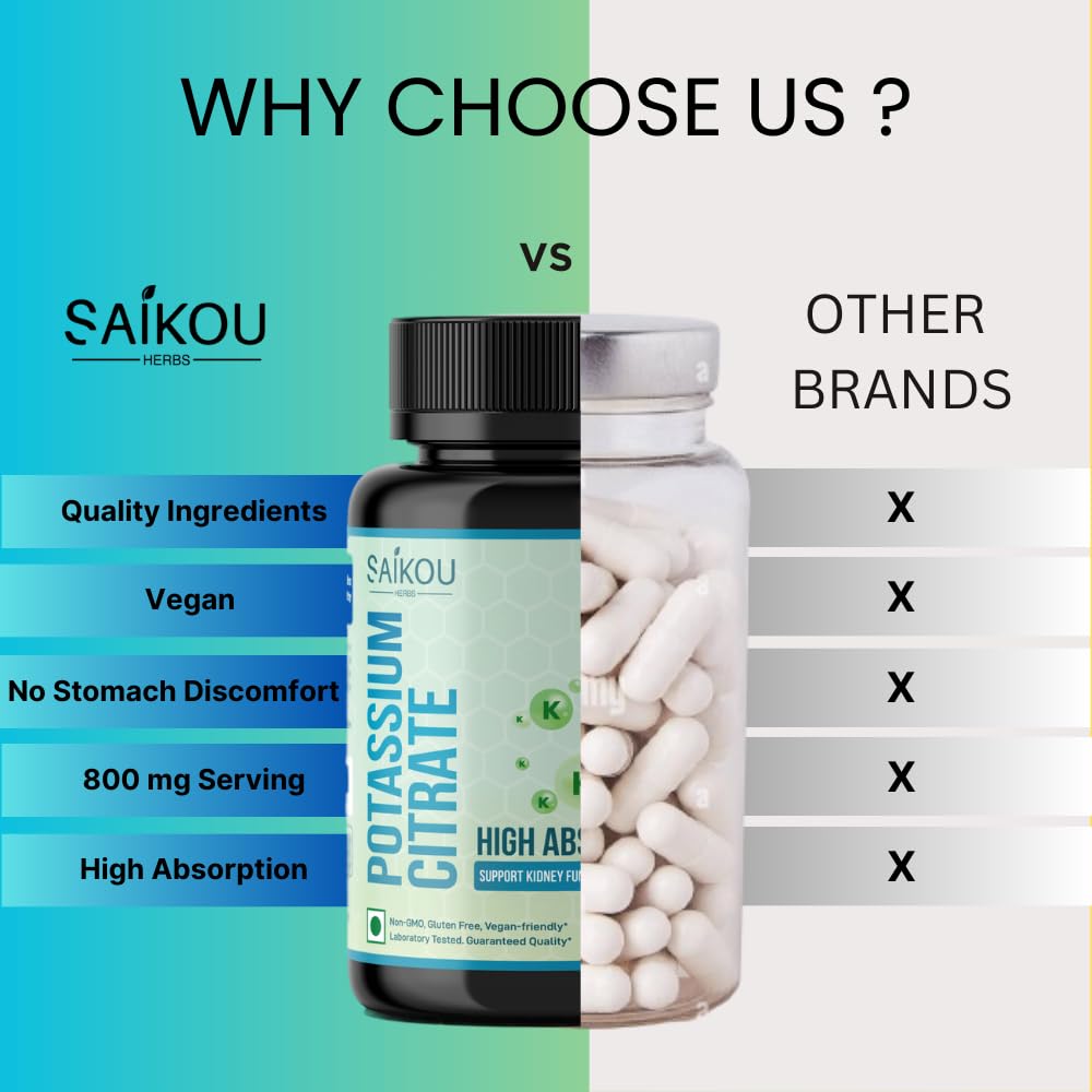Saikou Herbs Potassium Citrate 800mg label detail emphasizing purity and absence of fillers.