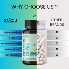Saikou Herbs Potassium Citrate 800mg label detail emphasizing purity and absence of fillers.