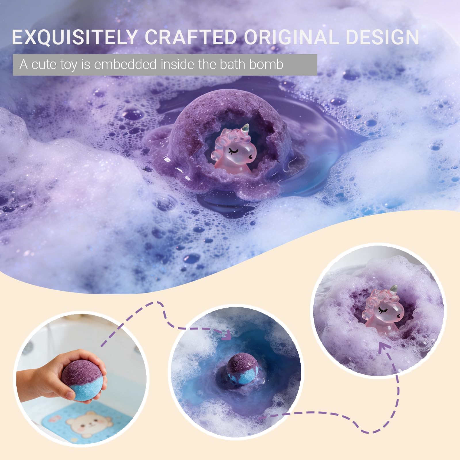 Sailimu easy-to-use bath bombs dissolve to release color and scent.