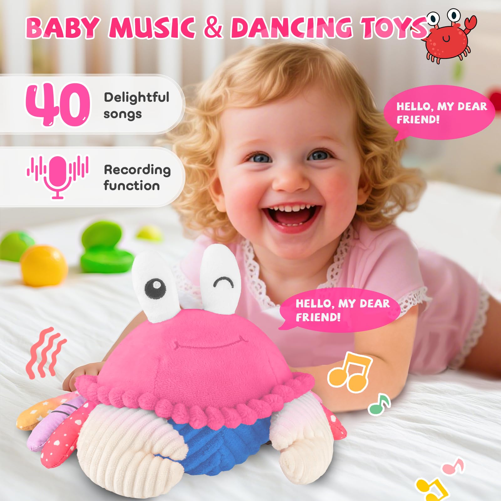 SAIMAND pink crab toy dances to encourage baby to follow and reach.