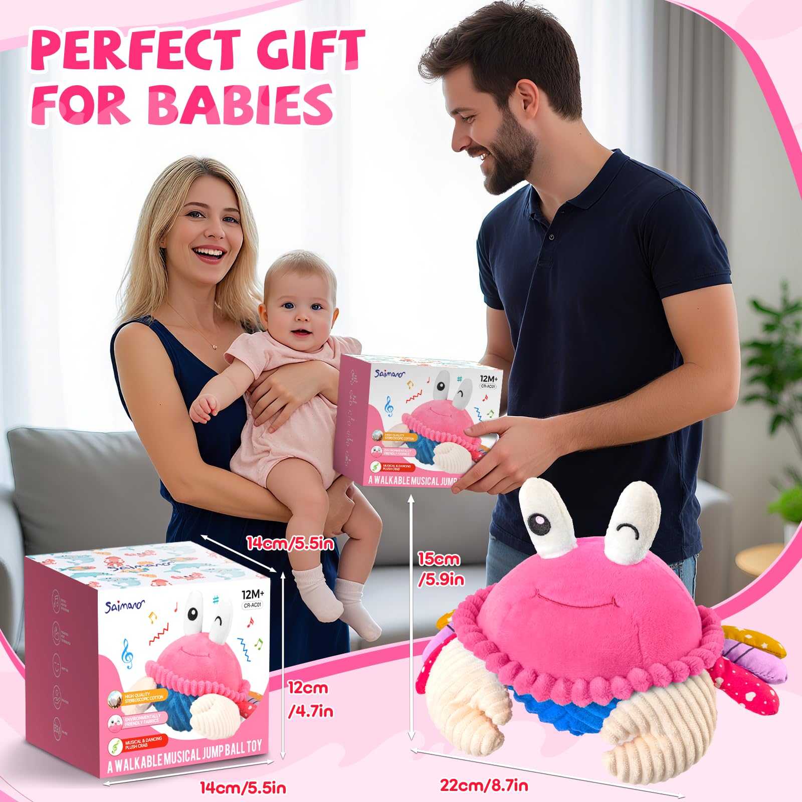 SAIMAND pink crab toy is USB rechargeable for long sessions.