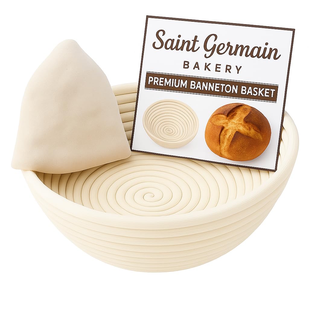 Saint Germain Bakery premium round banneton basket with 10-inch size for even dough proofing.