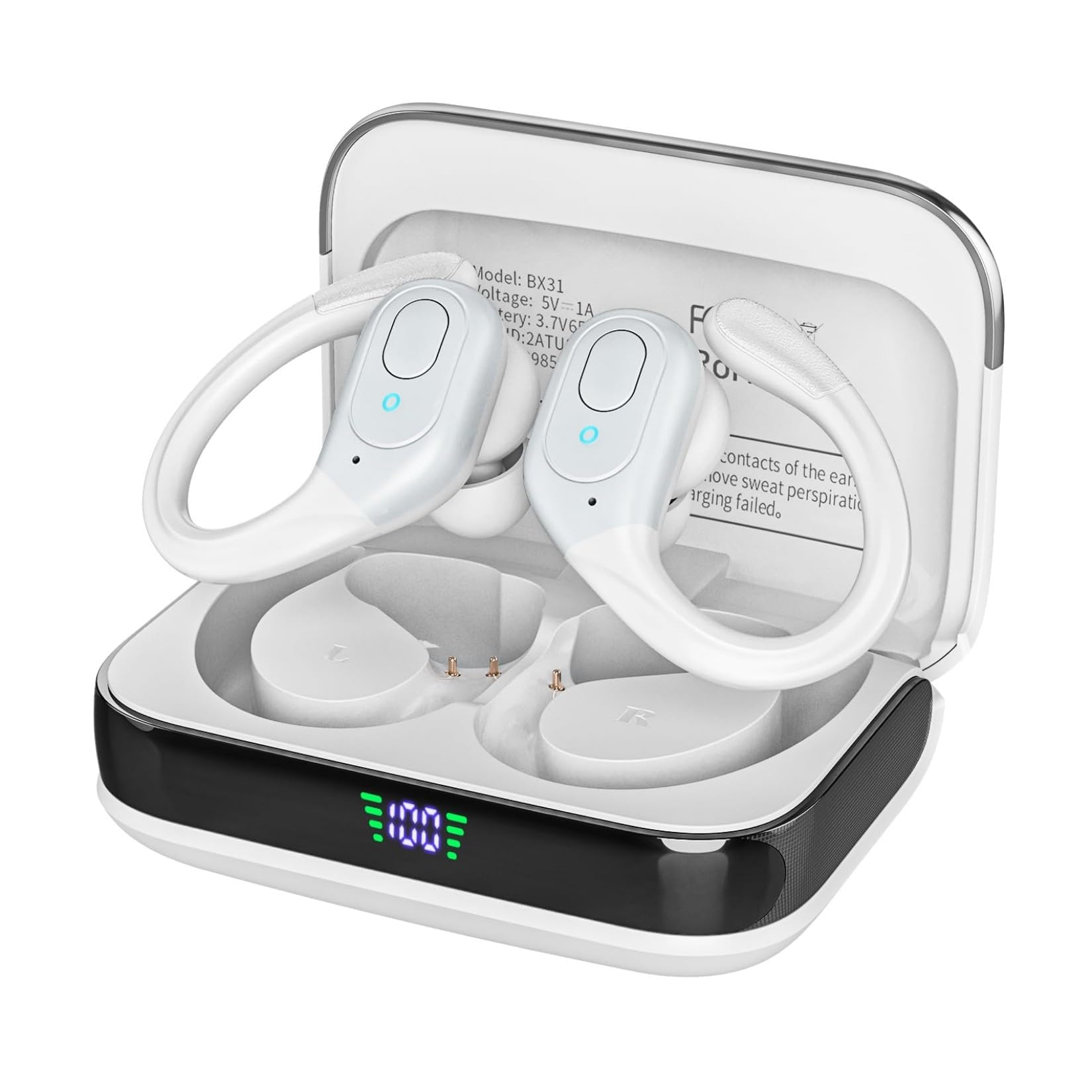 Sajawass Bluetooth headphones with LED display case shows battery level for easy charging
