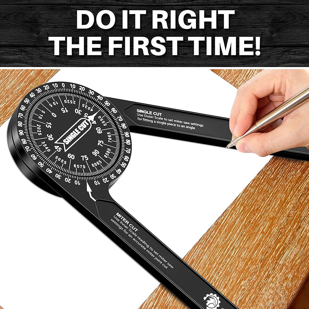 Saker angle finder supports miter cuts with a compact, design-forward profile.