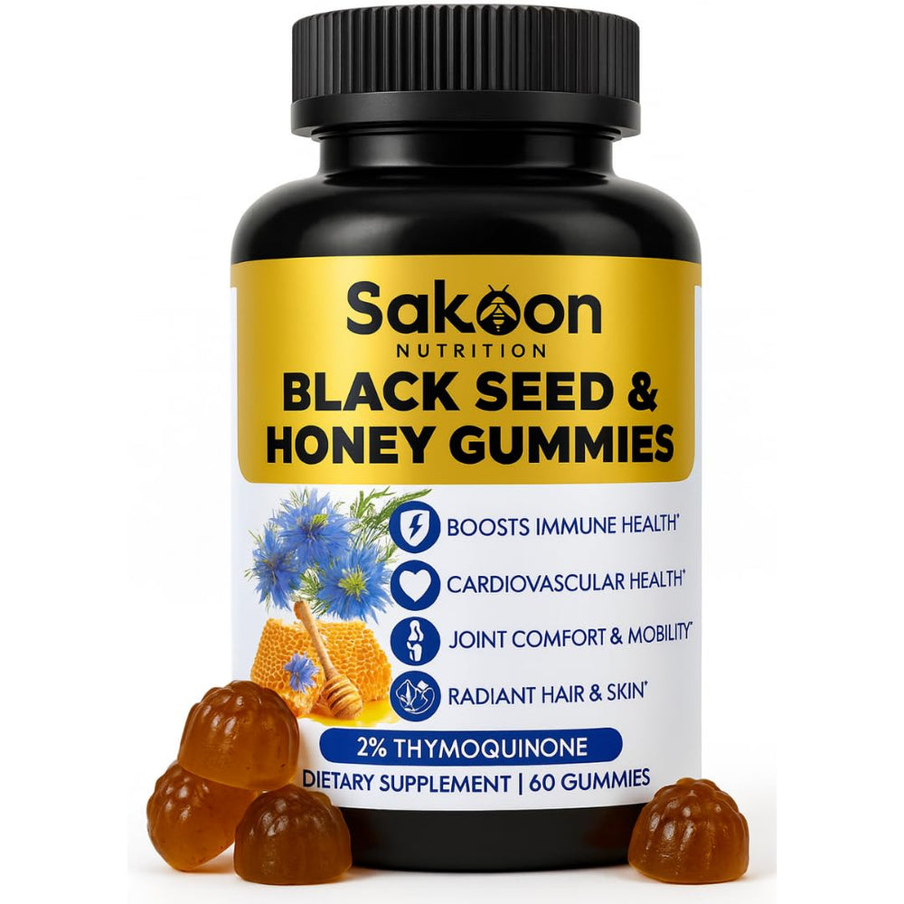Sakoon Nutrition gummies bottle showcases black seed oil with honey for immune support
