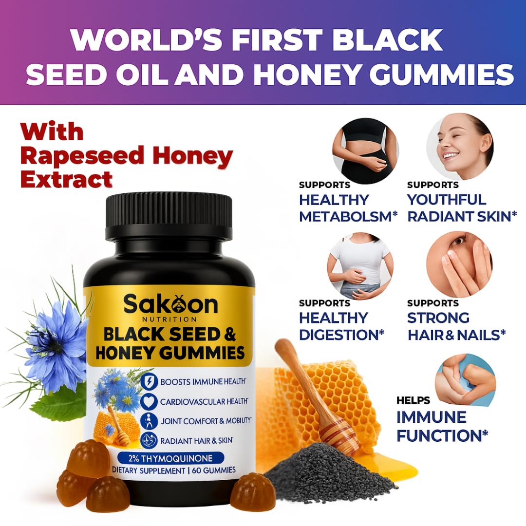 Close-up of Sakoon gummies highlighting blueberry flavor and thymoquinone-rich formula