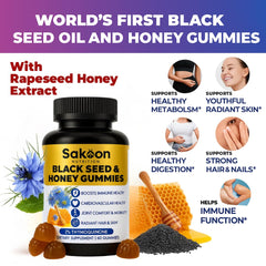 Close-up of Sakoon gummies highlighting blueberry flavor and thymoquinone-rich formula