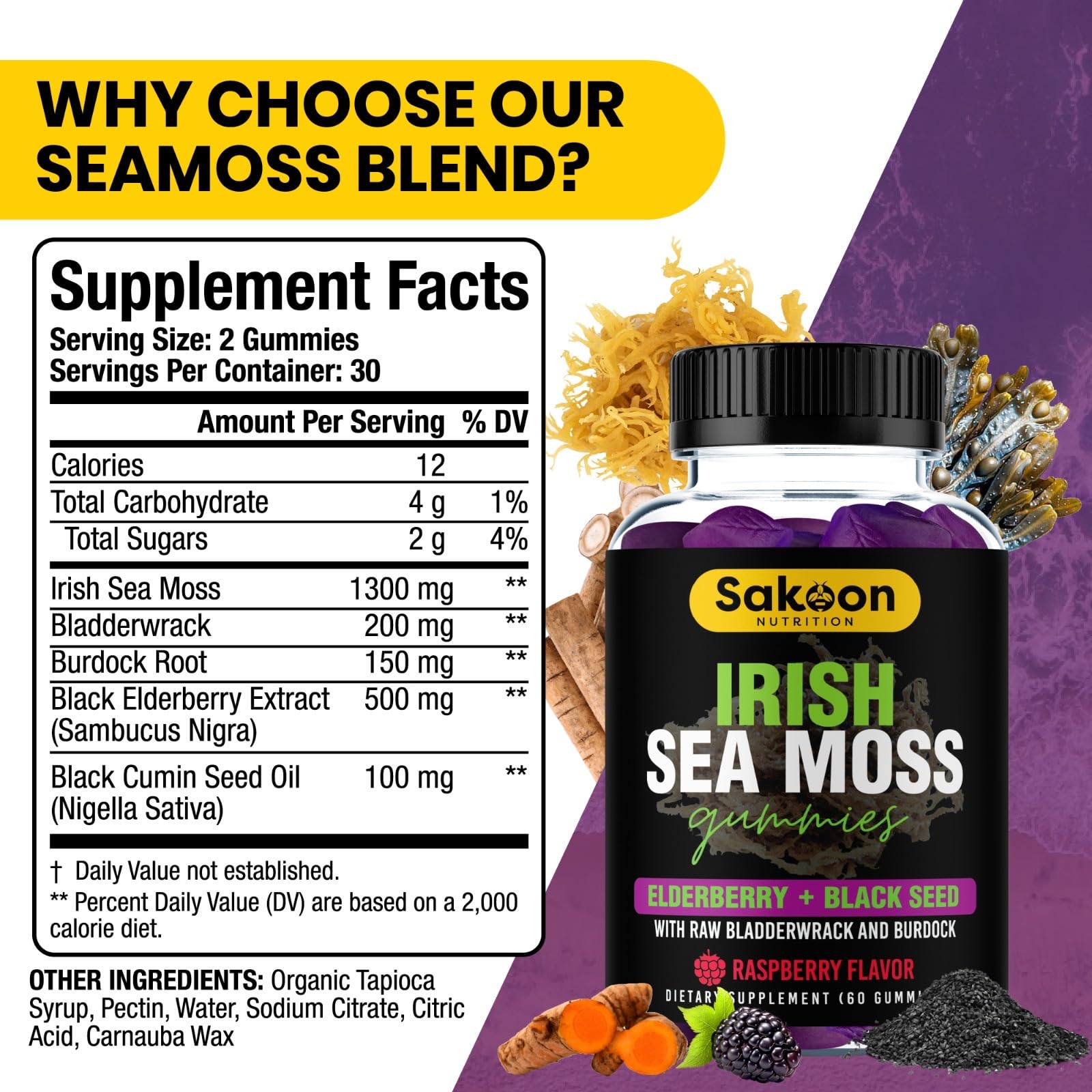 Sakoon Nutrition Irish Sea Moss Gummies bottle label featuring elderberry.