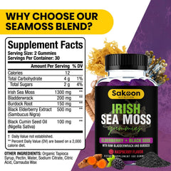Sakoon Nutrition Irish Sea Moss Gummies bottle label featuring elderberry.