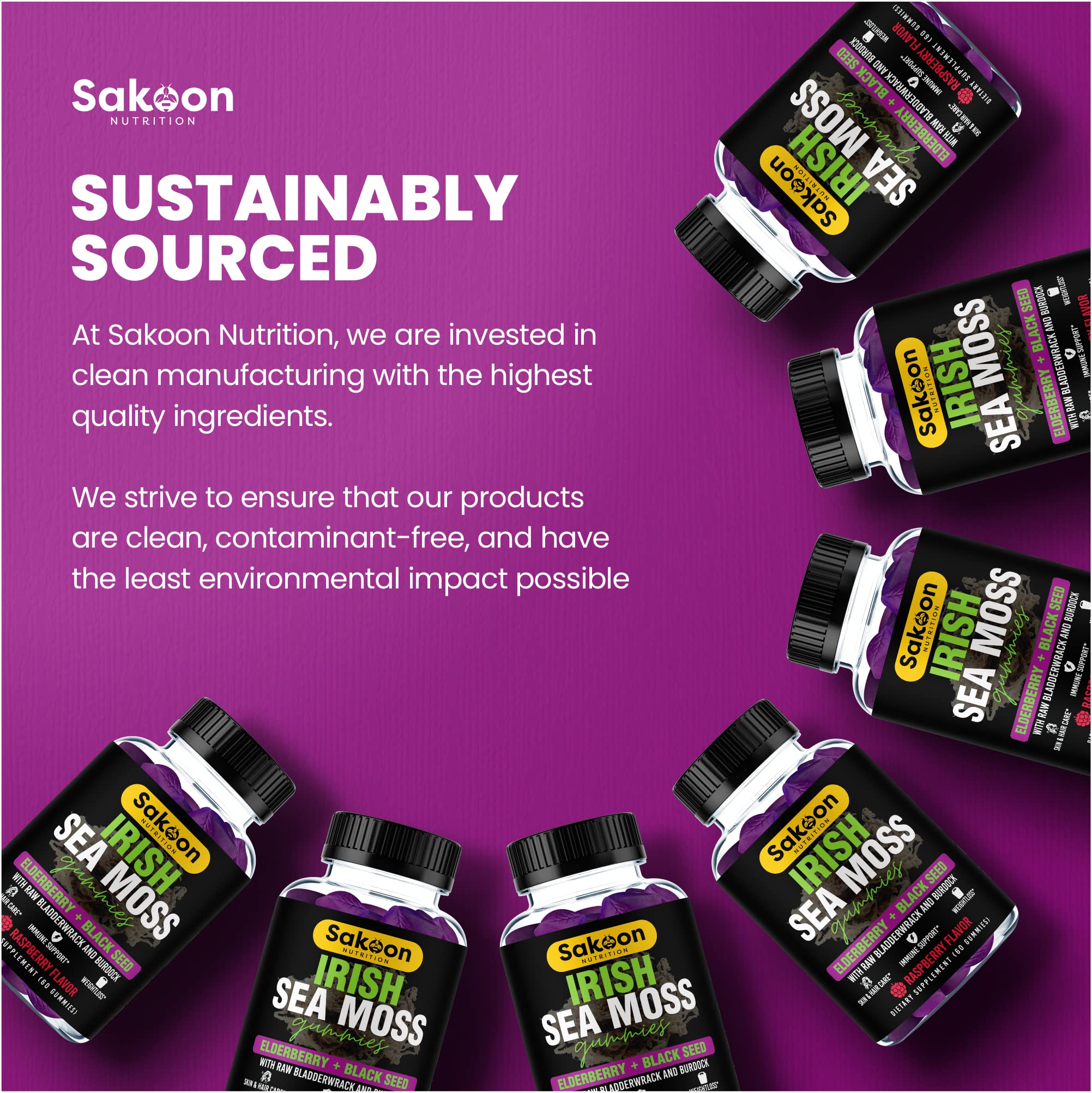 Gummies arranged with seaweed, berries, and a wooden spoon from Sakoon Nutrition.