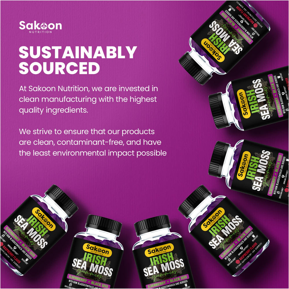Gummies arranged with seaweed, berries, and a wooden spoon from Sakoon Nutrition.