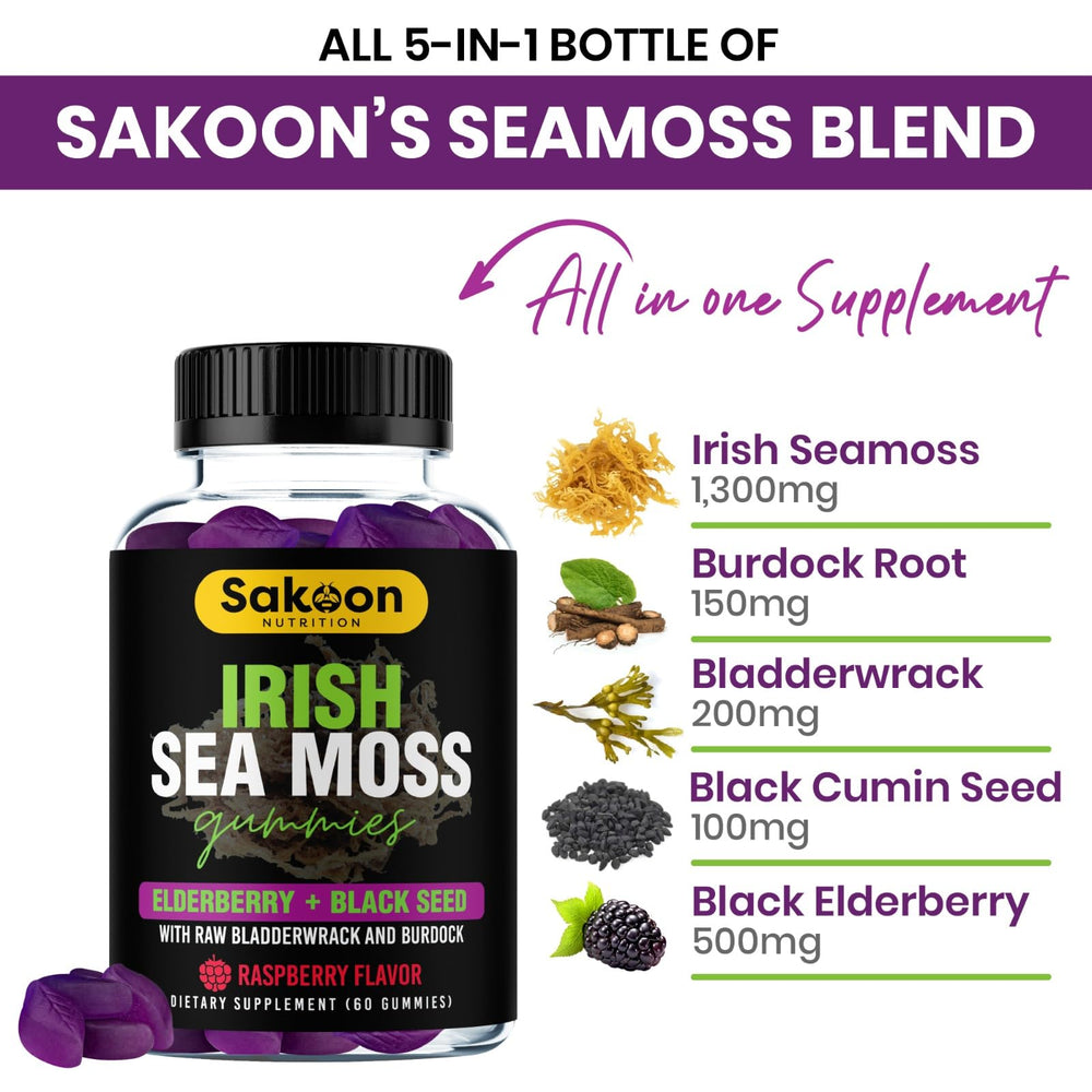 Sakoon Nutrition Irish Sea Moss Gummies in a resealable pouch.