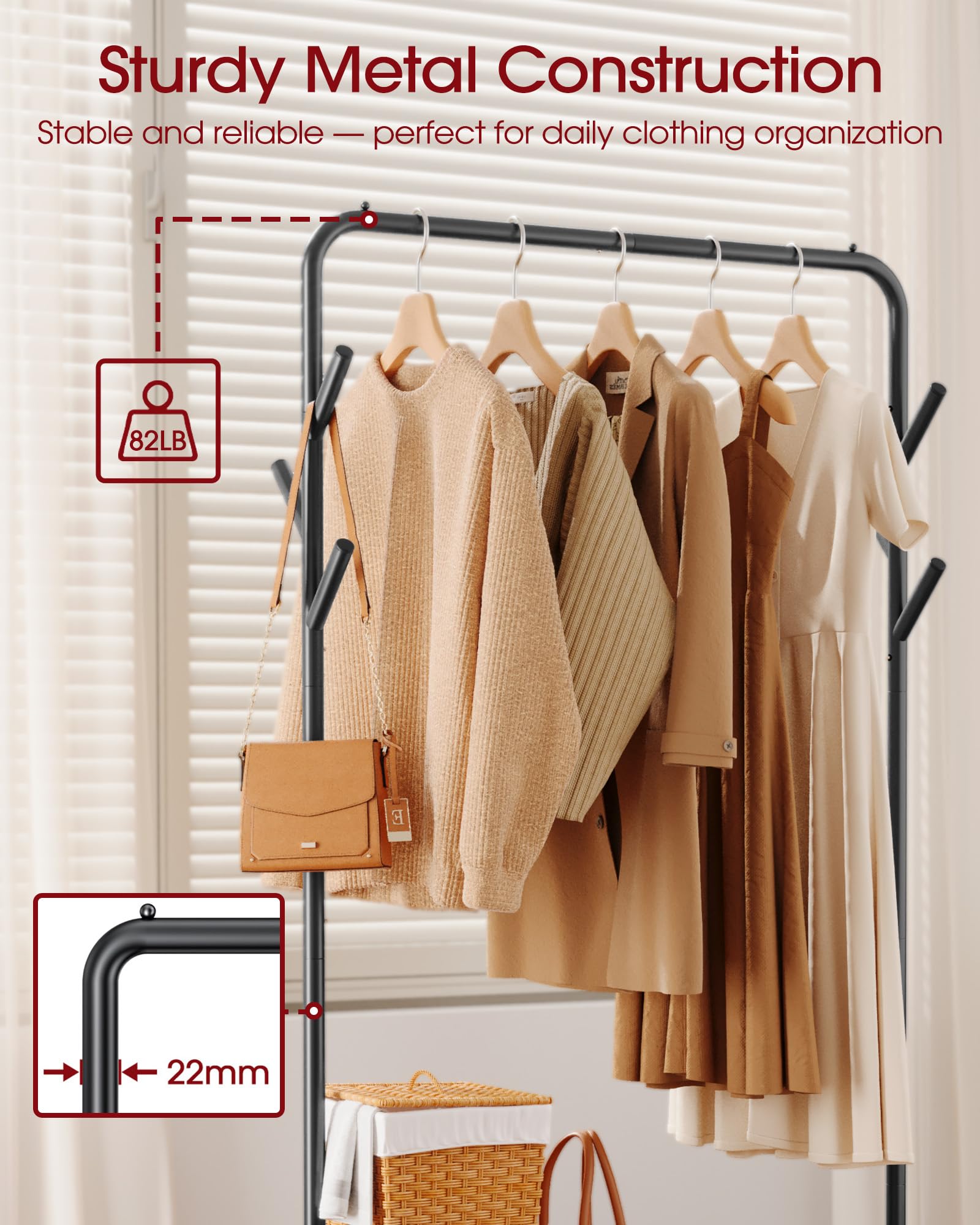 Sakugi wardrobe rack features sturdy 22mm steel tubes for strong storage.