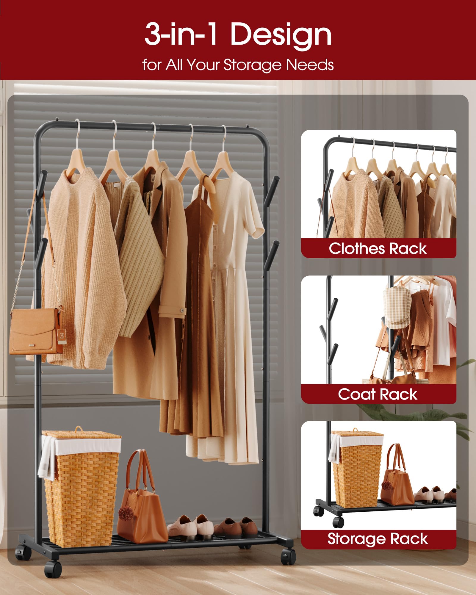 Sakugi rolling rack with bottom mesh shelf for shoes and folded items.