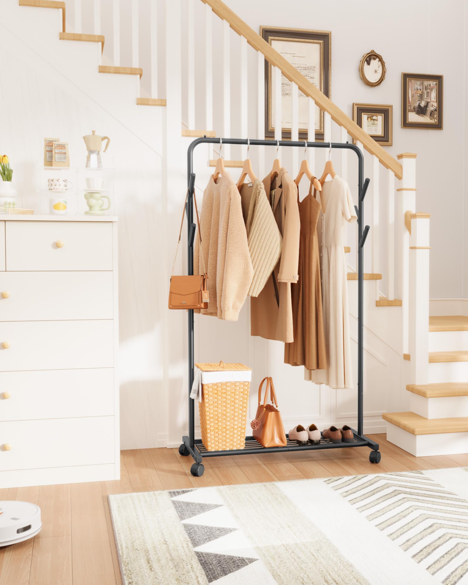 Sakugi rolling rack shown in a bedroom for portable organization.