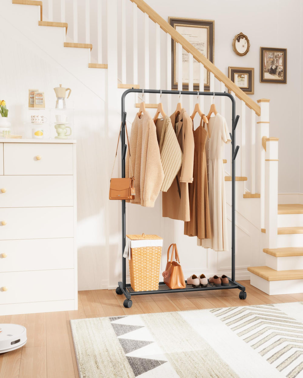 Sakugi rolling rack shown in a bedroom for portable organization.