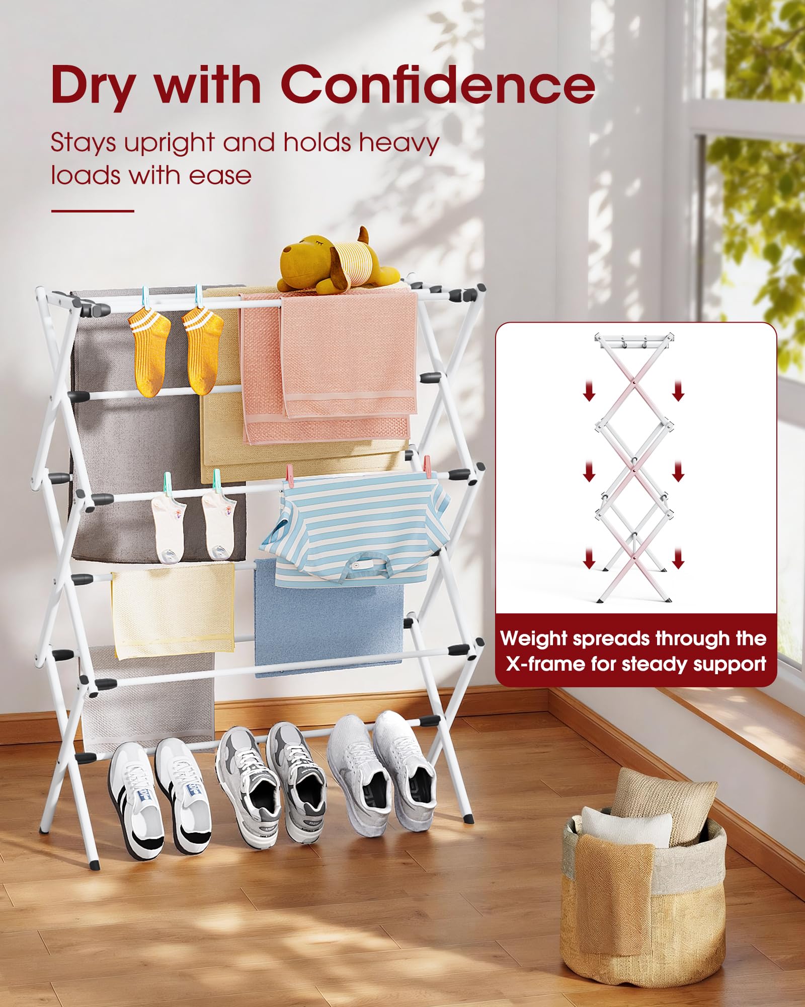 Sakugi foldable drying rack middle bars holding shirts and towels for quick air drying