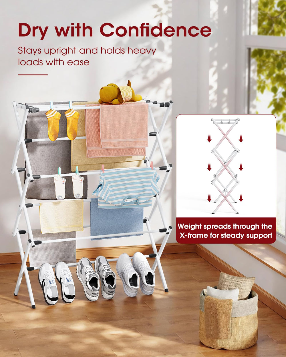 Sakugi foldable drying rack middle bars holding shirts and towels for quick air drying