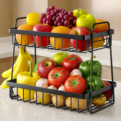 Sakugi two-tier fruit basket on counter maximizes space and accessibility.