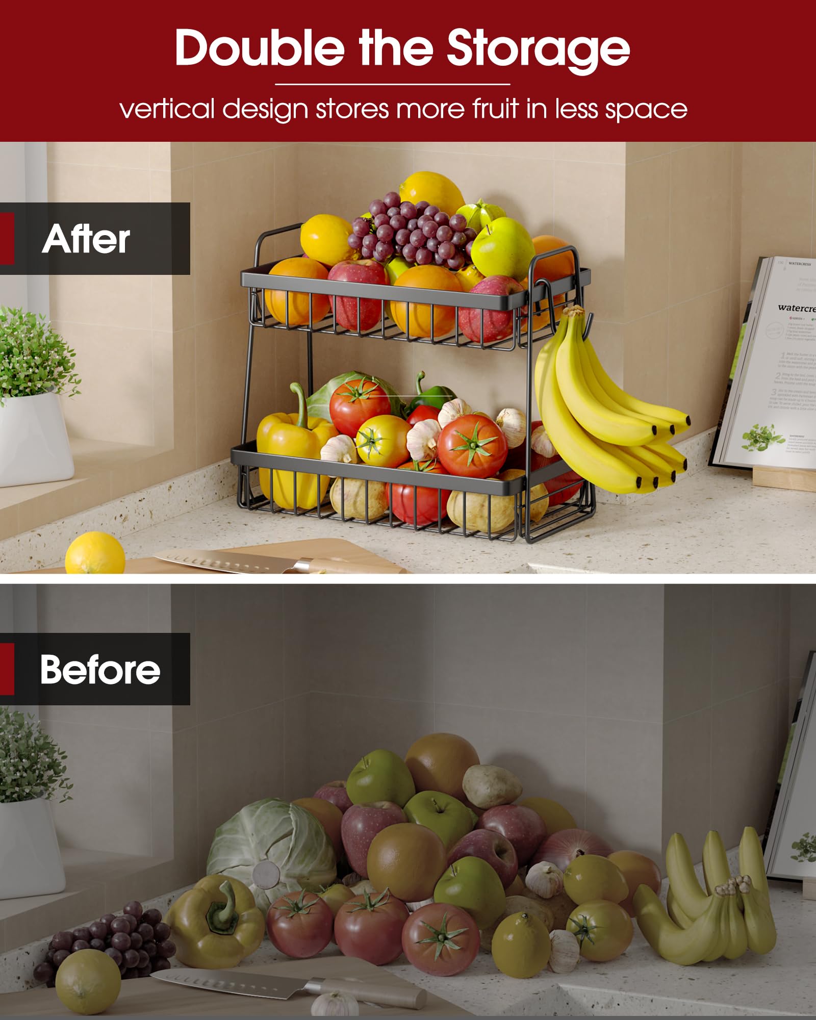 Sakugi fruit basket with removable banana hanger keeps bananas separated.