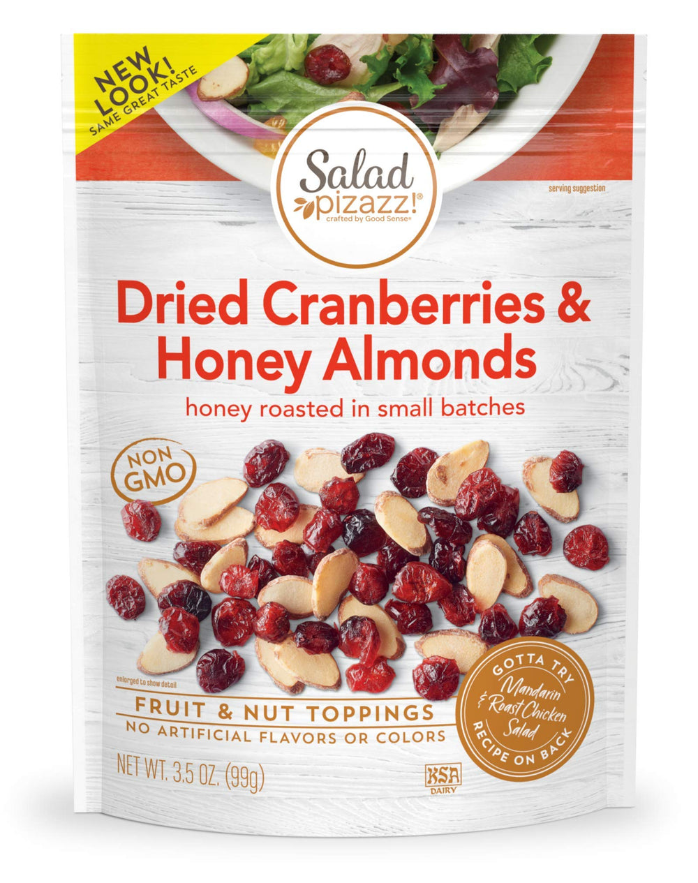 Salad Pizazz! Almond Toppings bag showing honey-roasted almonds with cranberries for a salad topper