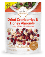 Salad Pizazz! Almond Toppings bag showing honey-roasted almonds with cranberries for a salad topper